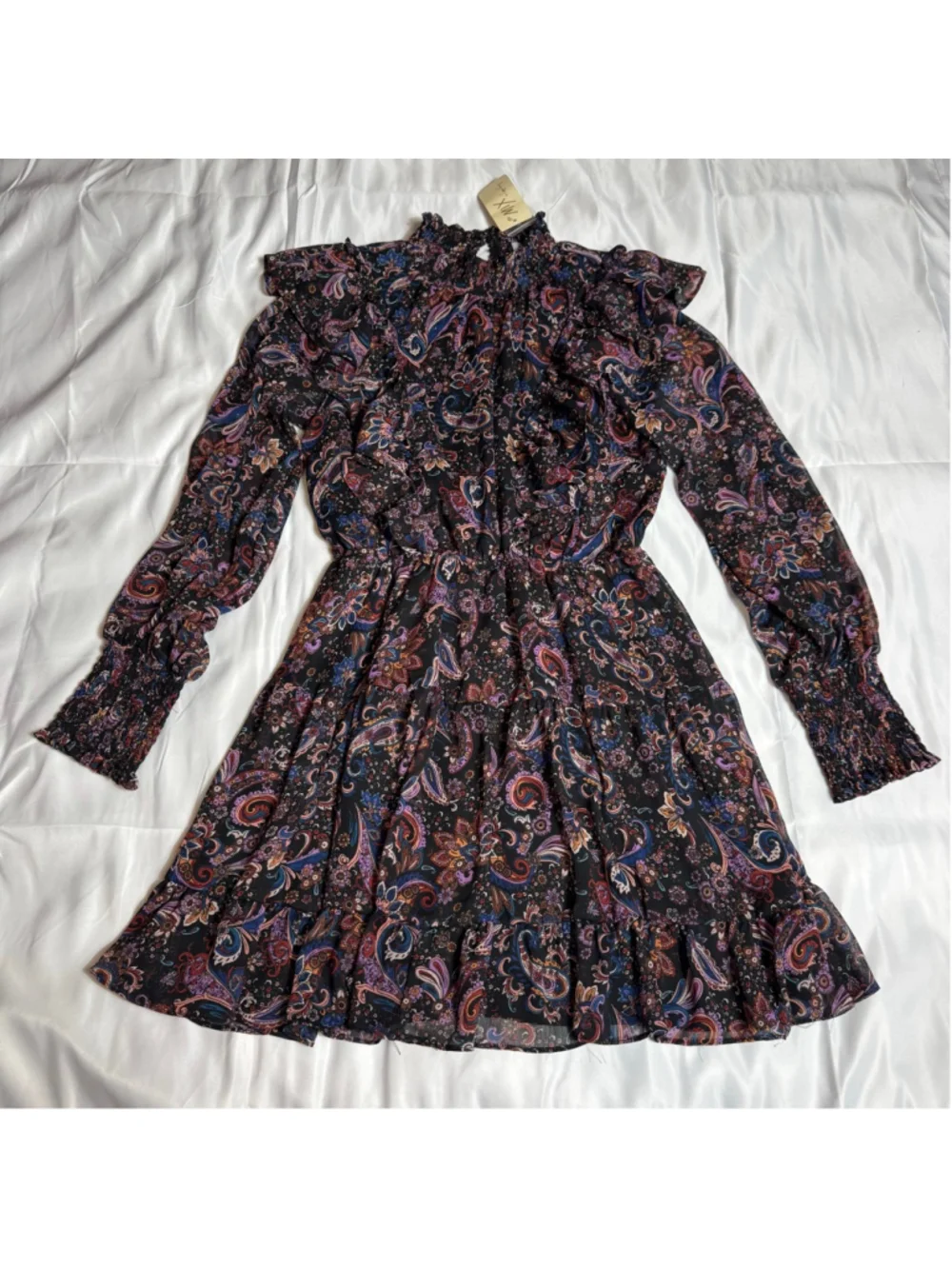 Women's Fate Black Multi-color Paisley Smocked Ruffle Long Sleeve Dress S